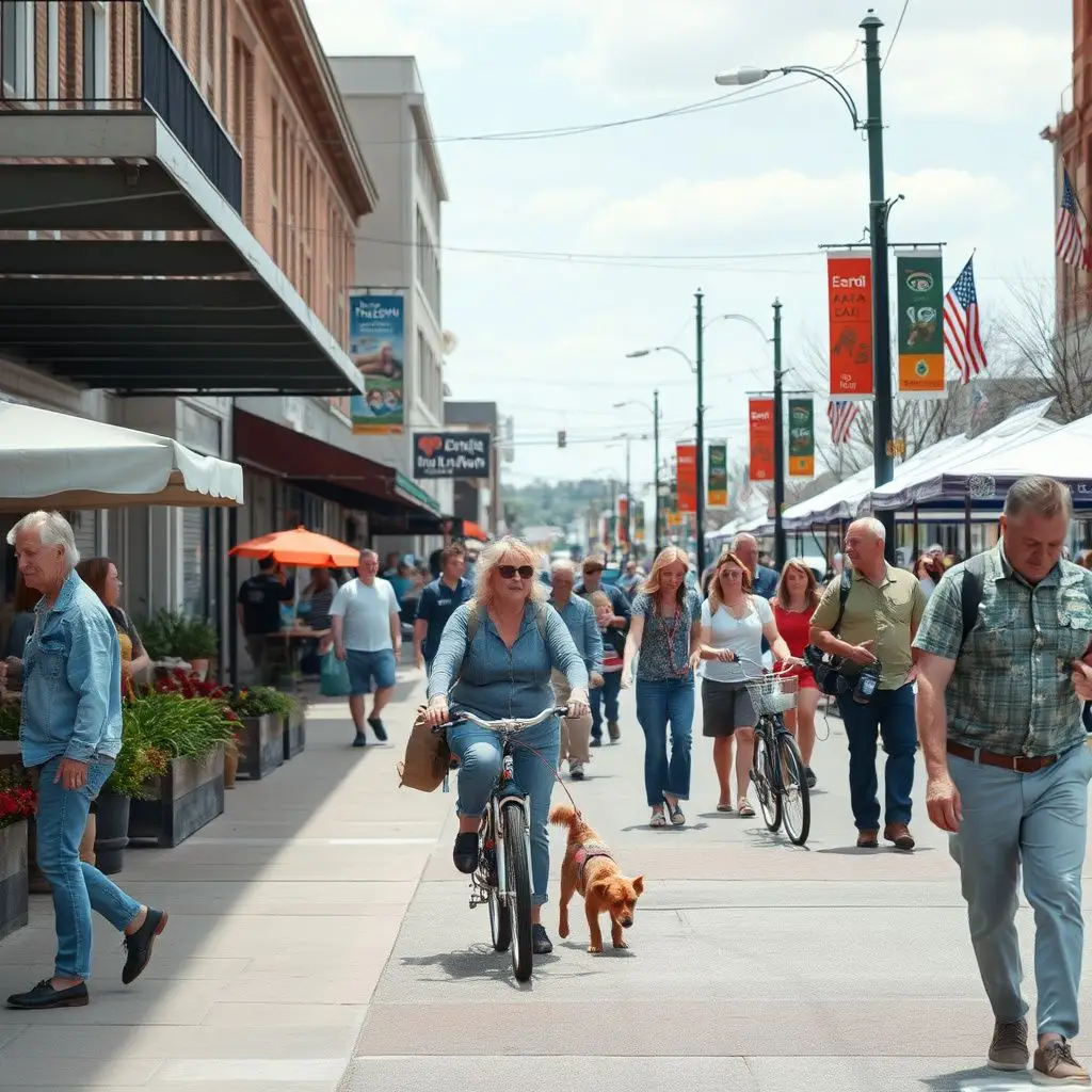 A scenic view of Main Street in historic downtown Franklin, TN, featuring preserved brick buildings and local boutiques.
