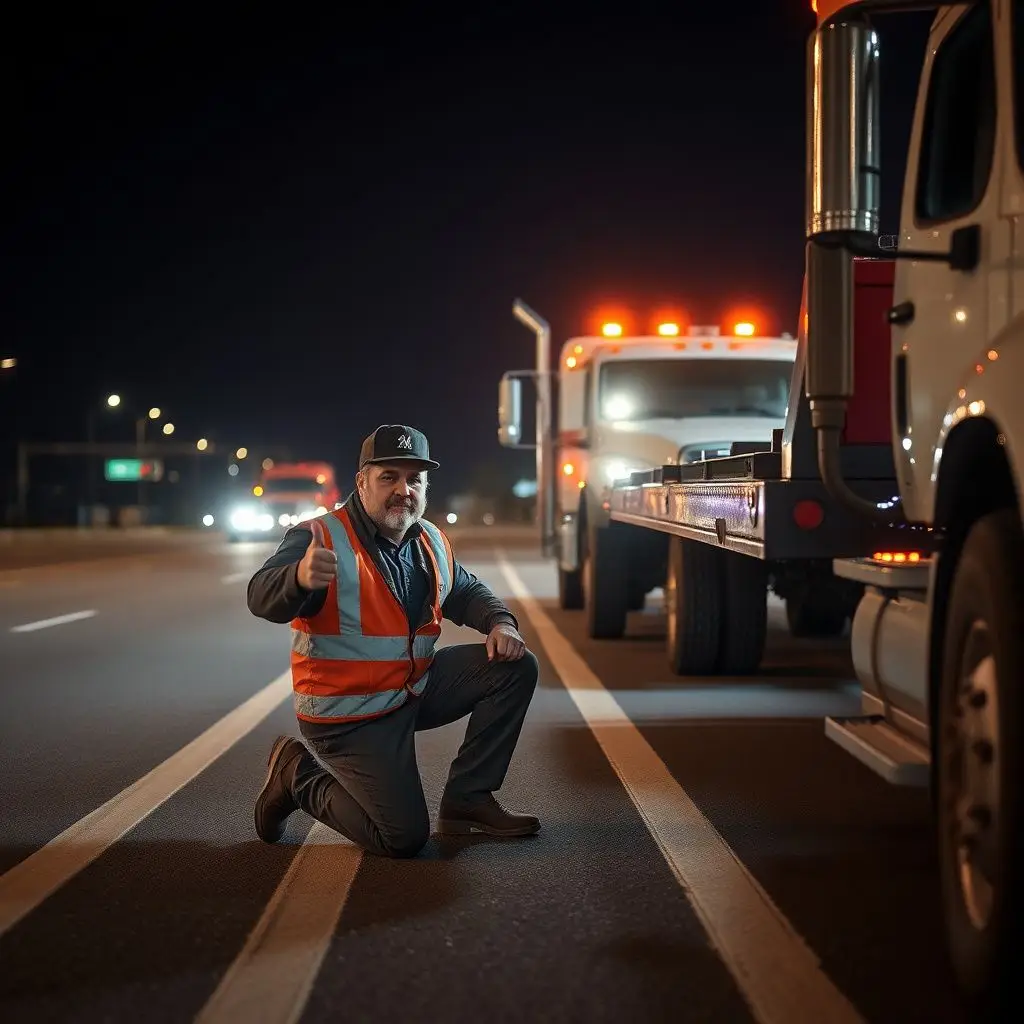 A professional tow truck operator in high-visibility gear assisting a motorist on a Nashville roadside.