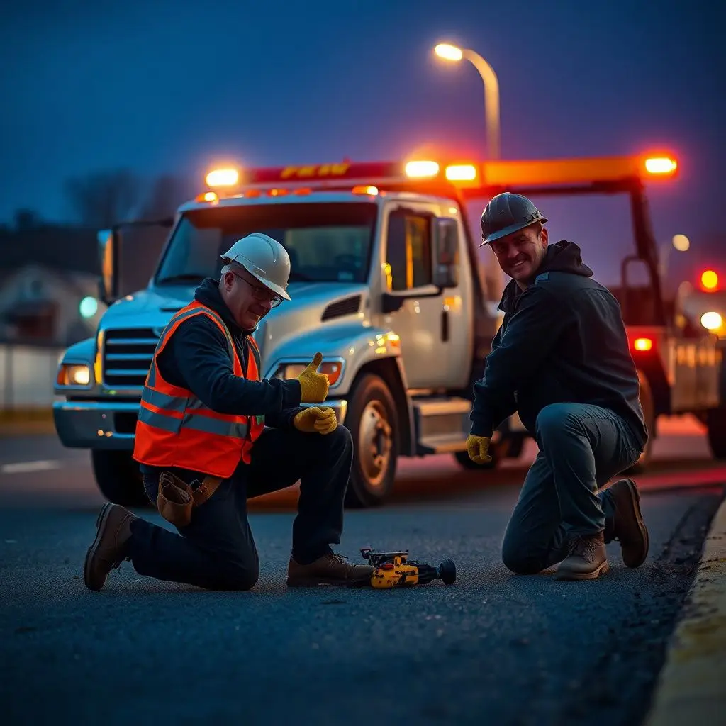A clean, modern tow truck with high-visibility markings parked safely on a La Vergne street at night.