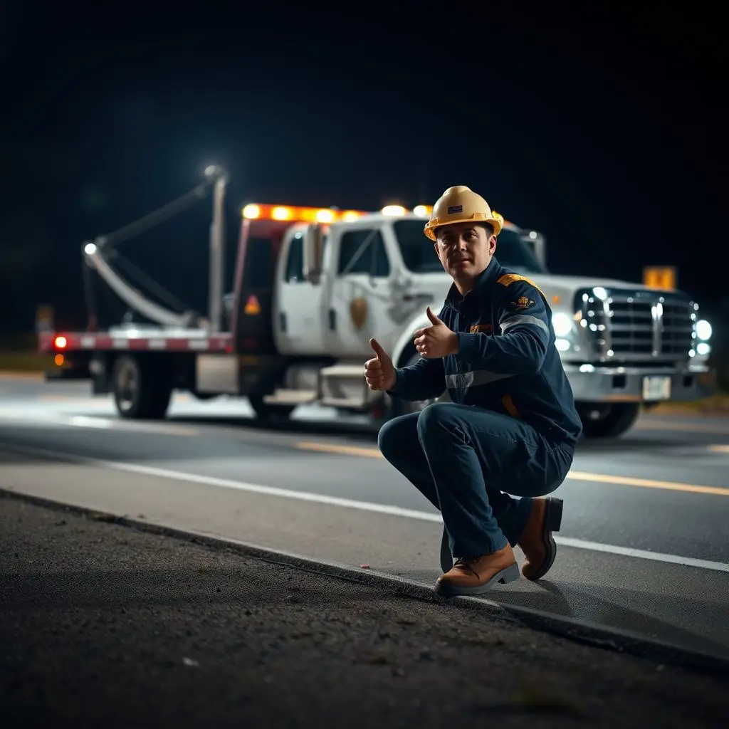 A professional tow truck operator in high-visibility gear performing a safety check before a tow in Franklin.