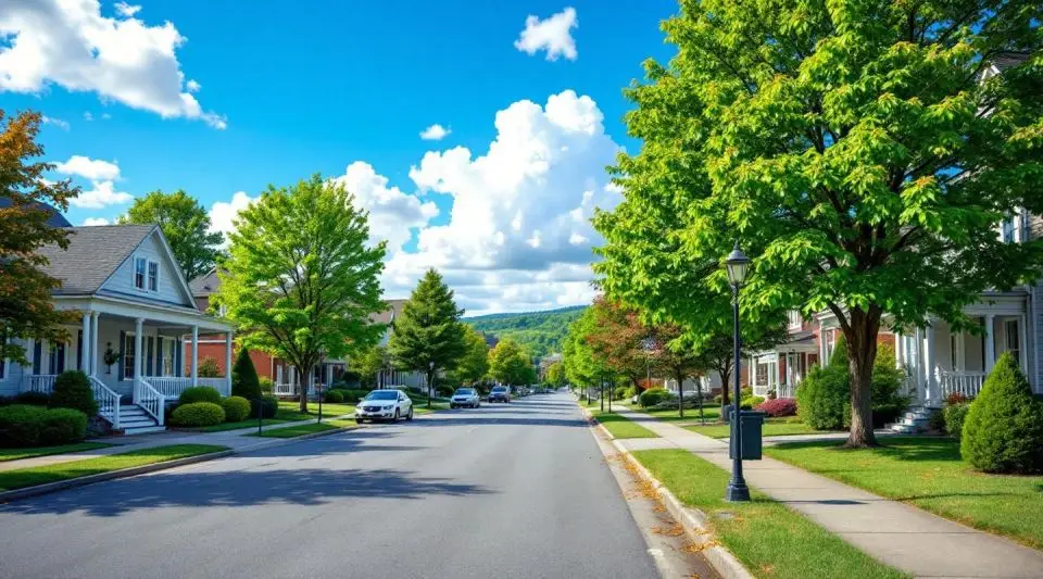 A professional flatbed tow truck carefully navigating a narrow, tree-lined residential street in Forest Hills, Tennessee.