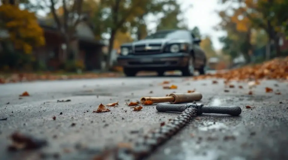 A professional flatbed tow truck operator carefully loading an old, rusted sedan onto a transport bed in a Nashville neighborhood.