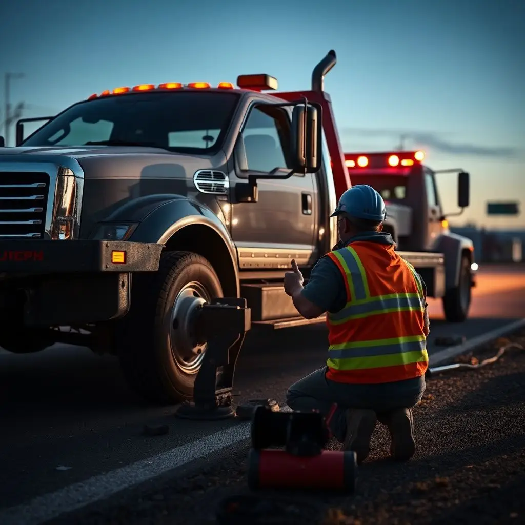 A close-up of a tow truck operator carefully securing a vehicle's wheels on a flatbed, ensuring a damage-free transport in a residential Oak Hill setting.
