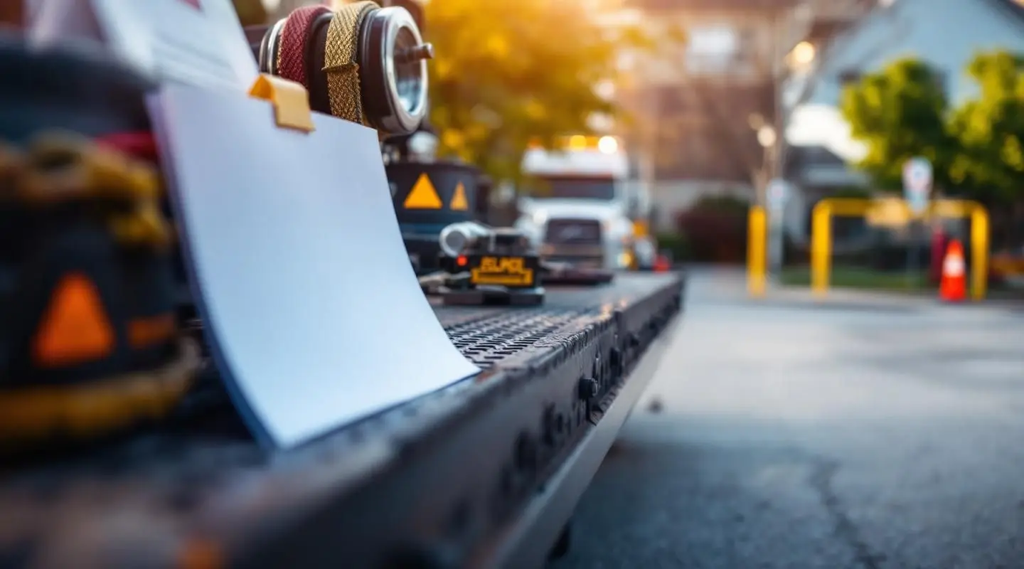 A Quick Load Towing flatbed truck positioned in a commercial parking lot in downtown Nashville during a sunset enforcement patrol.